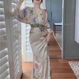 Plataz New French Waist-Covered Stamped Temperament Dress Long Sleeve V-Neck Spring Dress Women's Holiday Oil Painting Long Dress
