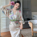 Plataz New French Waist-Covered Stamped Temperament Dress Long Sleeve V-Neck Spring Dress Women's Holiday Oil Painting Long Dress