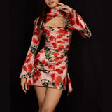 Plataz Dress Hollow Sexy Floral Dress Print Collar Cheongsam Dress