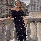 Plataz Autumn Elegant Fashion Butterfly Bow Hot Diamond Bandage Evening Dress Women's One-Word Shoulder Dress