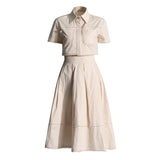Plataz Lace Embroidery Set 2025 Spring New Collar Short-Sleeved Shirt High-Waist Long Dress Solid Color Woman