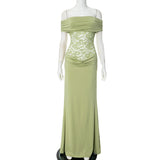 Plataz Women's Spring And Summer New Solid Color Open Shoulder Splicing Lace Super Long Dress Woman DJPT