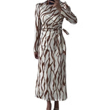 Plataz Women's Autumn Round-Neck Graffiti Long-Sleeved Striped Tie Slimming Dress