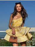 Plataz Oblique Shoulder Small Dress Holiday Wind Shoulder Pressure Folding With Hollow Print Ponbo Cake Skirt Skirt Tide