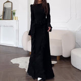 Plataz Summer New Splicing Lace Solid-Colored Collar Repair Horn Sleeve Long Skirt
