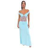 Plataz Women's Solid Color Bare Shoulder Lace Splicing A Word Dress DJPT