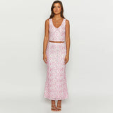 Plataz Summer 2025 New Women's Clothing Fashion Casual Floral Vest Half-Skirt Suit Women DJPT