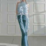 Plataz 2025 Spring And Summer Ice Blue Wave Ribbon Lace Strapped Clothes