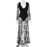 Plataz Women's Deep V Lace Splicing Line Bottom Sexy Long Dress DJPT