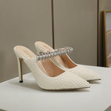 Plataz Women's Shoes Brand White Pearl Tip High Heel Fashion Half-Empty Ladies Sandals High Quality Shoes