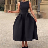 Plataz Women's Hepburn Style Solid Round-Neck Sleeveless Dress In Autumn 2024