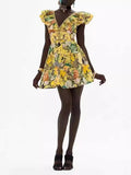 Plataz Lady Holiday Style Sexy V Collar Leaves With No Sleeves To Close The Waist Thin Yellow Print A-Shaped Dress Skirt