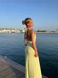 Plataz Babes Holiday Style V Collar Bare Back Hanging Neck Knitted Dress High Open Three-Dimensional Flower Design Long Dress
