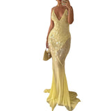 Plataz Women's V-Neck Sexy Suspension Slings Lown Repairs Beads Fishtail Dress 8106 HZ0628