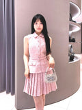 Plataz Design Pink Temperament Beads Top 2024 Summer Beauty POLO Received Waist 100 Folded Skirts Two Pieces