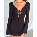 Plataz Women's New Knitted Tying Dress With Long Sleeves And Hip Mini Skirt HZ0628