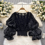 Plataz Ear Lace Design Shirt French Niche Lantern Sleeve Temperament Short Blouse DJPT