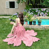 Plataz Lotus Leaf Side Pink Holiday Hanging Back Hanging Neck Sling Dress Female Atmosphere Feel Seaside Take Pictures Long Skirt