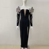 Plataz Card Shoulder Long Sleeves Chest V-Neck Pattern Hot Diamond Banded Dress Sexy Temperament Dress Dress