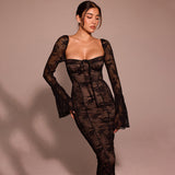 Plataz New Horn Sleeve Sexy Lace Bosom Dress Stylish Babes Show Backpacking Dress HZ0628
