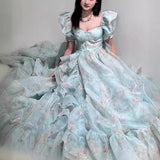 Plataz 2025 New Fugitive Princess French Retro Niche Design Chopped Flowers Tailed Collar Bubble Sleeve Dress