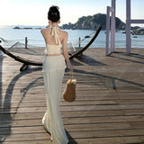 Plataz Style Sexy Hottie Suit Female V-Neck Hanging Neck Sling Vest High-Waisted Long Skirt Two Sets