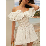 Plataz Niche Brand Sweet Sexy One-Word Lotus Leaf Edge Hollow Embroidery Showing Thin Waist Holiday Dress