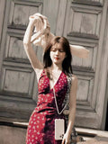 Plataz Luth's Same Red V-Neck Broken Flower Hanging Neck Sling Dress In The Middle And Long Summer Holiday Style Dress