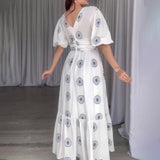 Plataz Women's Summer Fashion Vcollar Bubble Sleeve High-Waist Print Splicing Body Dress