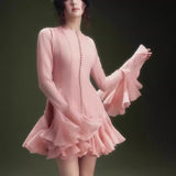 Plataz 2025 Long-Sleeved Dating Dress Lotus Edge Cut Dress White Short Dress