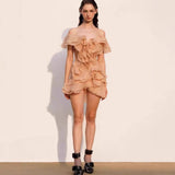 Plataz And Summer 2025 Spring And Summer Petal Lotus Leaf Side Shoulder Dress V Collar Short Skirt