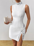 Plataz New Summer Sleeveless Hem V Drill High-Neck Sexy Tight-Bstice Ass Dress Famous Dinner Party Bandage Dress