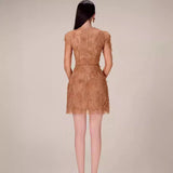 Plataz And Summer Lace Dress Long-Sleeved Three-Dimensional Petals Curry Short Skirt