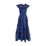 Plataz Court Style 2025 New Heavy Industry Lotus Leaf Side Shoulder Shoulder Lace Dress Solid Color Dress Woman