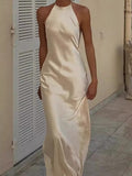 Plataz Sexy Bare Back Hanging Neck Sling Dress Simple Imitation Silk Satin Acetic Acid Thin Dress Dress HZ0628
