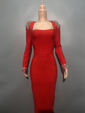 Plataz Autumn/Winter Dress French Women's Dress Handmade Color Diamond Long-Sleeved Collar Knitted Evening Dress