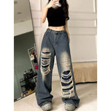 Plataz Vintage High Street Design Hole Jeans Women's High-Lumn Loose Vibe Fried Street Trousers DJPT
