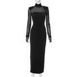Plataz Women's Mesh Splicing Set Of Finger Long Sleeves High-Necked Ass Long Skirt DJPT