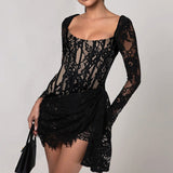 Plataz Autumn 2025 New Famous Style Temperament Sexy Lace Shens Waist With Long Sleeve Dress Woman DJPT