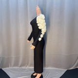 Plataz Black Shoulder Hollow White Flower Long Sleeve Long Bandat Party Evening Dress