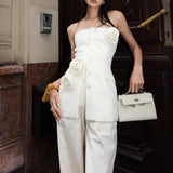Plataz Sanguan White Rose Set 2024 New Single-Breasted Breast-Wear Flower Top High-Waisted Broad Leg Trousers
