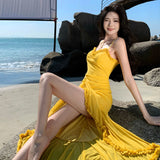 Plataz Slings Slims And Irregular Open Fork Long Skirt Beach Holiday Birthday Dinner Small Dress