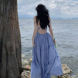 Plataz Sanya Beach Dress Women's Slings Ribbons With Back V-Neck Dress Temperament High-Rise Lanky Skirt