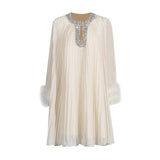 Plataz Court Niche Design Mid-Term 2025 New Diamond-Coated Collar Hollow Long-Sleeved Ostrich Wool Dress