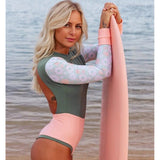 Plataz New Swimsuit Solid Color Print Splicing Long-Sleeved Surfsuit Sexy Bareback Swimsuit Woman Swimsuit DJPT