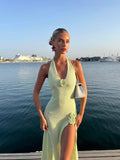 Plataz Babes Holiday Style V Collar Bare Back Hanging Neck Knitted Dress High Open Three-Dimensional Flower Design Long Dress