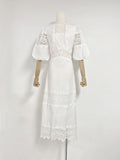 Plataz Australian Round Neck Lantern Sleeve Short Sleeve Water-Soluble Lace Splicing Holiday Style Temperament White Dress Dress
