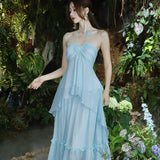 Plataz New Design High-Grade Tea Break French Gentle Wind Seaside Holiday Yellow Hanging Neck Dress