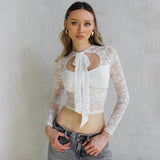 Plataz Women's 2024 Summer New Solid Color Lace Long Sleeve Strap Hollow Sexy Top DJPT