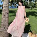 Plataz Hanging Neck Dress Women Summer Long Dress Small Pink Sleeveless Seaside Holiday Tie Dye Dress